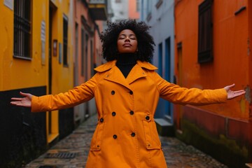 satisfied woman Urban Lifestyle: woman in Orange Coat Walking in Colorful Narrow Street