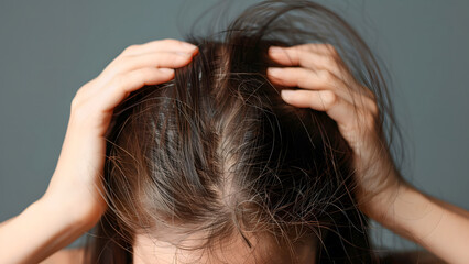 Hair loss problem, woman long hair stressed and worried alopecia - obrazy, fototapety, plakaty
