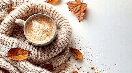 Cup of coffee with a warm scarf and autumn leaves on a white background - obrazy, fototapety, plakaty