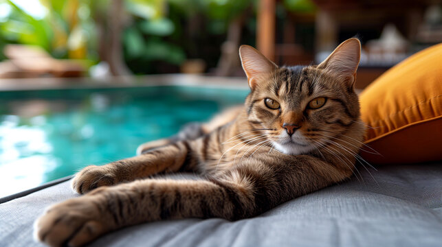 A cute tabby cat lying on the edge of a swimming pool