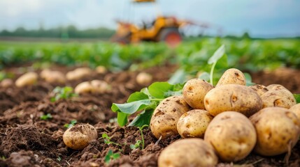 harvesting potatoes on the ground on a background of field - obrazy, fototapety, plakaty