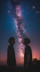 two men standing under galaxy sky