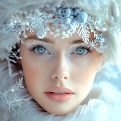 Beautiful young woman in a Christmas hat with snowflakes. Snow queen.