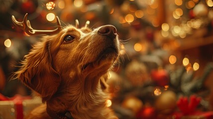 Holiday cheer captures a warm-hearted dog adorned with festive reindeer antlers - obrazy, fototapety, plakaty