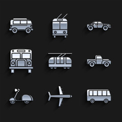 Set Tram and railway, Plane, Bus, Pickup truck, Scooter, School, Sedan car and Retro minivan icon. Vector