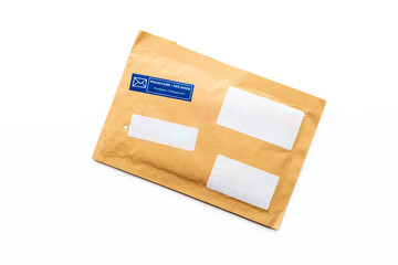 Padded envelope top view isolated on white background, cardboard bag, package paper letter. - 748732597