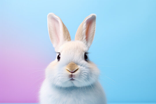 Cute white bunny in front of pastel studio background