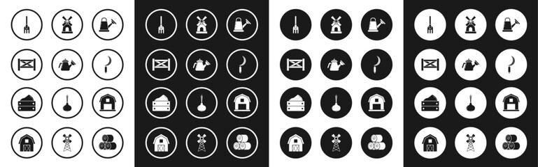 Set Watering can, Garden fence wooden, rake, Sickle, Windmill, Farm House concept and Wooden box with harvest icon. Vector