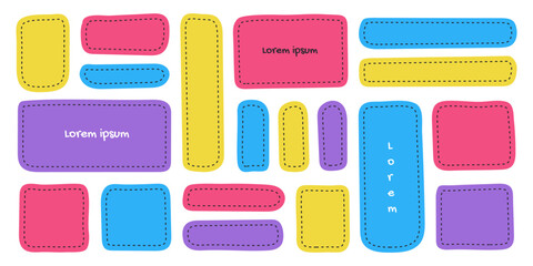 Graphic hand drawn frames with black strokes, backgrounds for texts, backdrop stickers and colorful labels. Vector illustration, design element set.