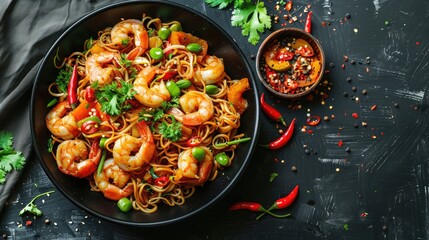 Rice noodles with shrimps and vegetables close-up on the table. top view of a horizontal