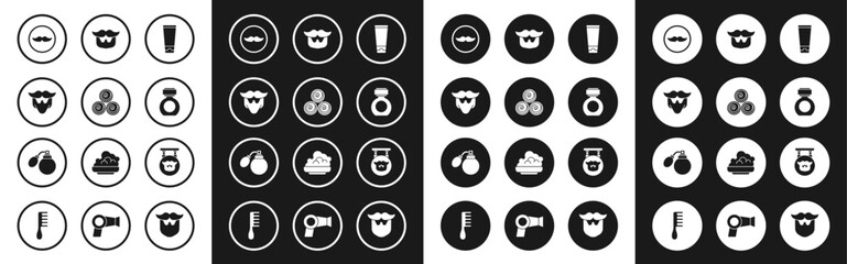 Set Cream or lotion cosmetic tube, Towel rolls, Mustache and beard, Aftershave, Barbershop and bottle with atomizer icon. Vector