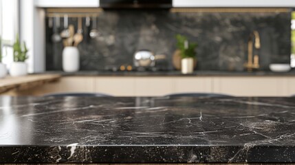 Fototapeta premium contemporary empty marble table top or kitchen island set against a blurry bokeh kitchen room interior background for product display