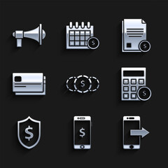 Set Coin money with dollar symbol, Smartphone, Smartphone, mobile, Calculator, Shield, Credit card, Finance document and Megaphone icon. Vector