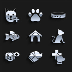 Fototapeta na wymiar Set Dog house, Veterinary clinic symbol, Cat, Fish, Collar with name tag and icon. Vector
