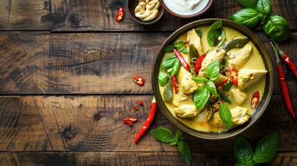 Thai food chicken green curry on dark wooden background. top view - obrazy, fototapety, plakaty