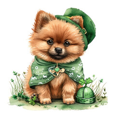 Dressed up dog and puppies in green attire, portraying adorable terriers for Christmas portrait
