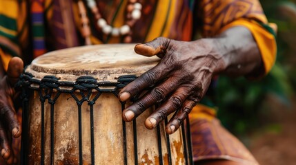 A man playing an ethnic percussion musical instrument jembe. Drummer playing african music - obrazy, fototapety, plakaty