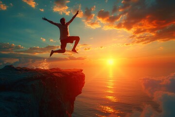 Leap into Sunset: Freedom’s Silhouette Against Vivid Sky - Adventure and Nature’s Grandeur