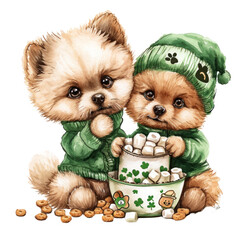couple Adorable Pomeranian puppy isolated, white and brown fur, fluffy and cute.