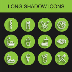 Set line Paper glass with drinking straw and hotdog, Ice cream waffle cone, Chicken leg, Crossed fork, Donut sweet glaze and burger icon. Vector