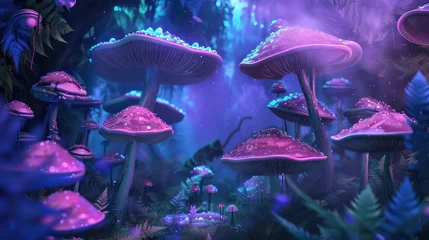 Zelfklevend Fotobehang A magical night landscape with a cosmic mushroom glowing, crytal and sparkle, fantasy, evening beautiful nature backdrop like a panorama. © Suwanlee