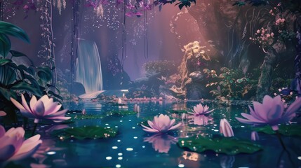 A magical night landscape with a cosmic mushroom glowing, crytal and sparkle, fantasy, evening...