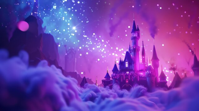 A magical night landscape with a cosmic mushroom glowing, crytal and sparkle, fantasy, evening beautiful nature backdrop like a panorama.