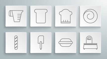 Set line French baguette bread, Bread toast, Spatula, Macaron cookie, Scales, Chef hat, Roll bun with cinnamon and Measuring cup icon. Vector