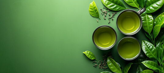three Cups with green tea with tea leaves on the green background, top view - obrazy, fototapety, plakaty