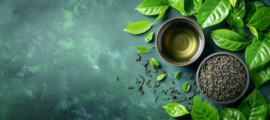 Cup with green tea with tea fresh and dry leaves on the green background, top view - obrazy, fototapety, plakaty