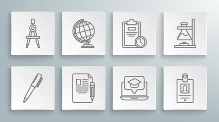 Set line Pen, Earth globe, Exam sheet and pencil with eraser, Graduation cap on screen laptop, Identification badge, clock, Glass test tube flask fire and Drawing compass icon. Vector