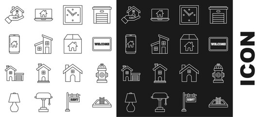 Set line Swimming pool with ladder, Fire hydrant, Doormat the text Welcome, Clock, House, Mobile phone smart home, Realtor and Cardboard box house icon. Vector