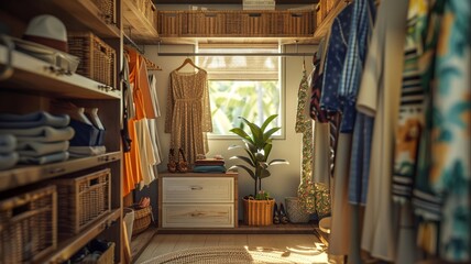 Walk-in closet showcasing an array of neatly arranged clothes and accessories