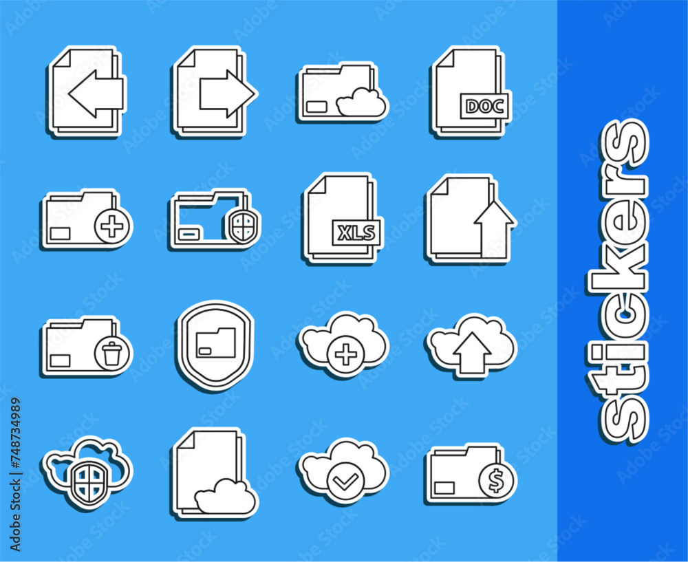 Poster set line finance document folder, cloud upload, upload file, storage text, document protection, add 