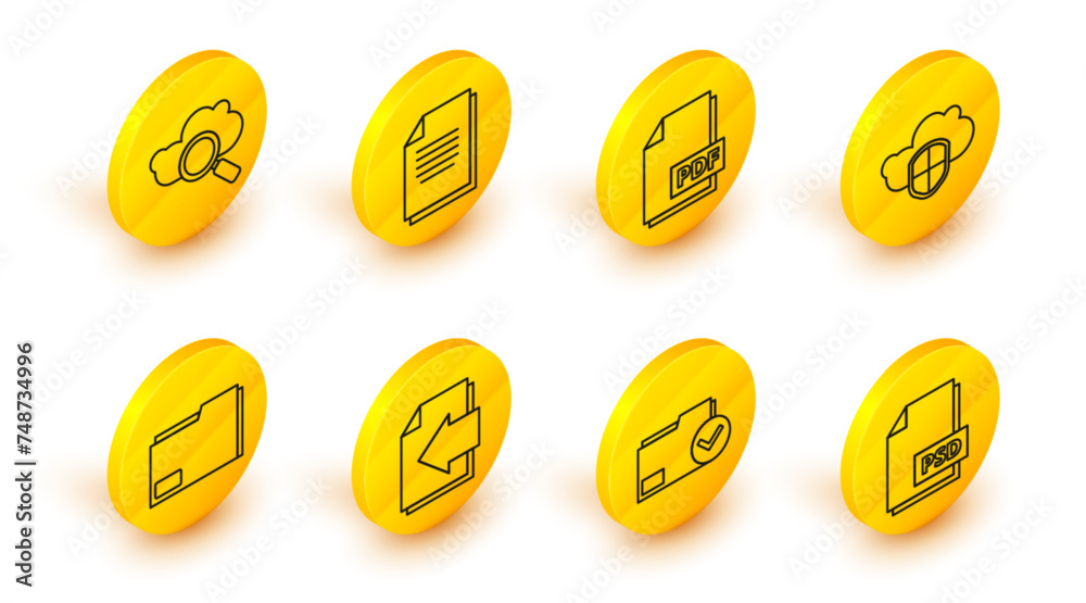 Poster set line psd file document, document folder and check mark, next page arrow, cloud shield, pdf, and 