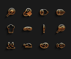 Set line Crossed sausage, Roasted turkey or chicken, Fish steak in frying pan, Steak meat, and Knife icon. Vector