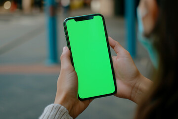 Female hands holding smartphone with blank green screen. Woman using cell phones in city street outdoors