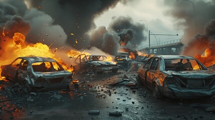 Car explosion and fire on the road.