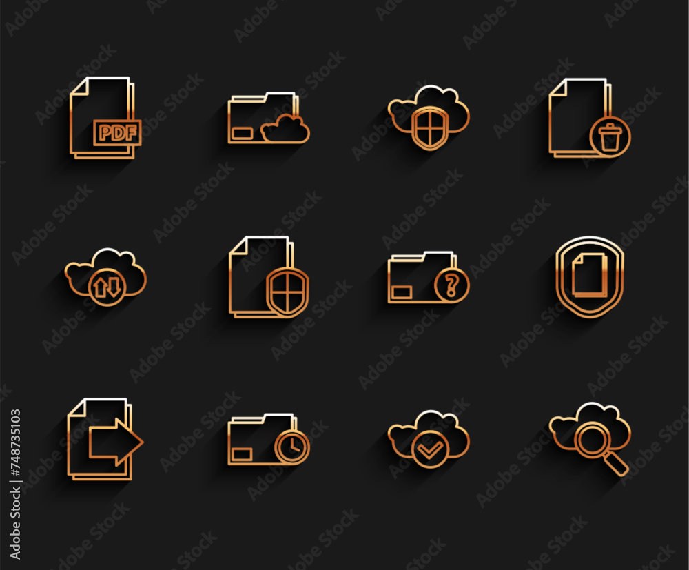 Poster set line next page arrow, document folder with clock, pdf file document, cloud check mark, search cl