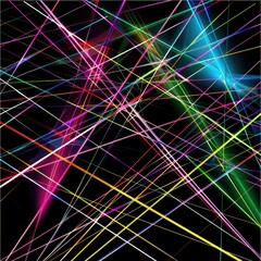 Futuristic abstract glowing background resembling motion blurred neon light curves.