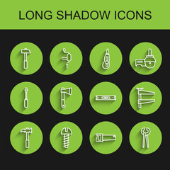 Set line Claw hammer, Metallic screw, Hammer, Hand saw, Pincers pliers, Wooden axe, Clamp tool and Construction bubble level icon. Vector