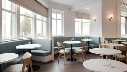 White restaurant corner with round tables