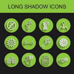 Set line Virus cells in lung, Hand with virus, No handshake, Medicine bottle pills, Reddish eye due to, Safe distance, and under magnifying glass icon. Vector