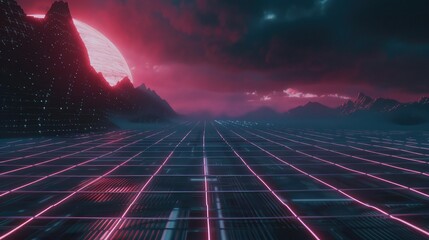 Futuristic neon retrowave background. Retro low poly grid wireframe landscape mountain terrain with set of glowing outrun sun vector illustration template - obrazy, fototapety, plakaty