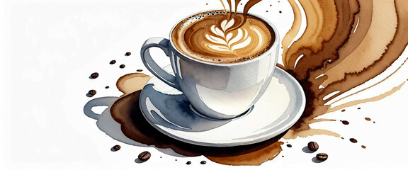A cup of coffee with latte art. With a few coffee beans. Coffee stains on a white background. Illustration in watercolor style.