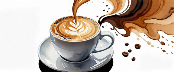 A cup of coffee and beans isolated on a white background. Coffee with latte art. Illustration in watercolor style. Abstract watercolor background.