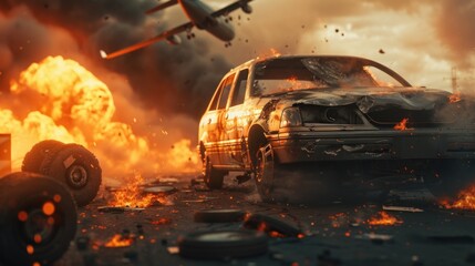 Car explosion and fire on the road. - obrazy, fototapety, plakaty