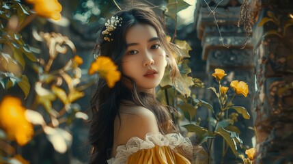 Beautiful Asian Woman Background in the Style with Nature Reclaiming the Ruins of Civilization around Her with Vines and Wildflowers created with Generative AI Technology