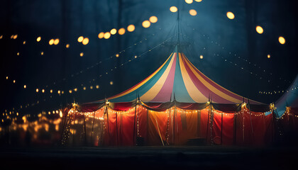 Circus tent with lights garland in night park ,concept carnival - obrazy, fototapety, plakaty