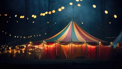 Zelfklevend Fotobehang Circus tent with lights garland in night park ,concept carnival © terra.incognita